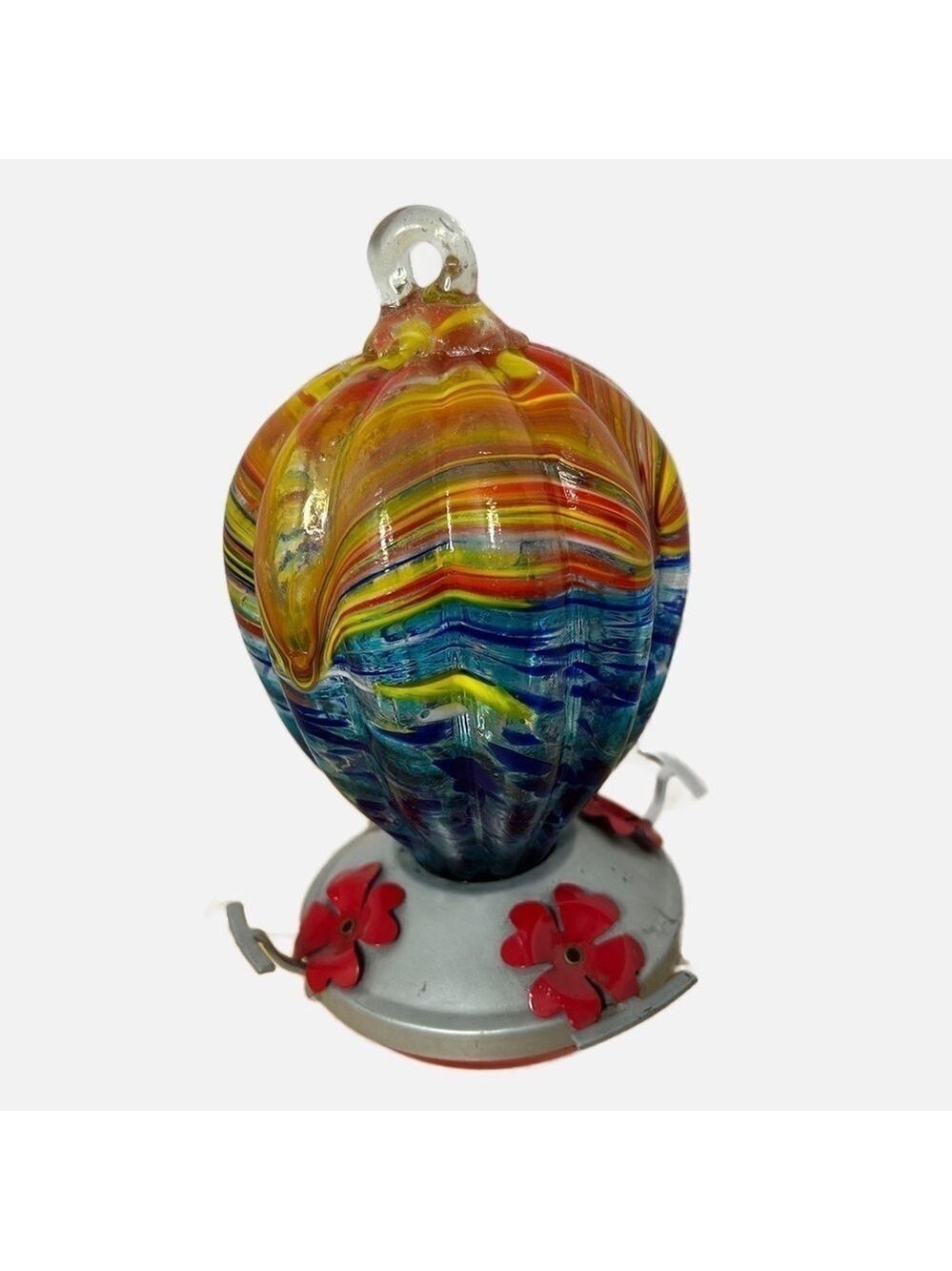 Hummingbird Feeder Glass Handblown Air Balloon Metal Orange Blue 5.5x9 No Flaws